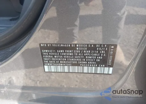 2013 Volkswagen Jetta 2.5L Se z USA, uszkodzony, nr VIN 3VWDP7AJ4DM447363